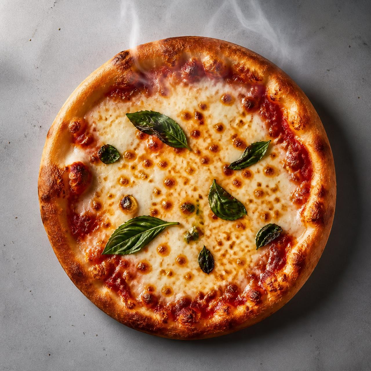 Concept image of a hot, freshly baked personal cheese pizza